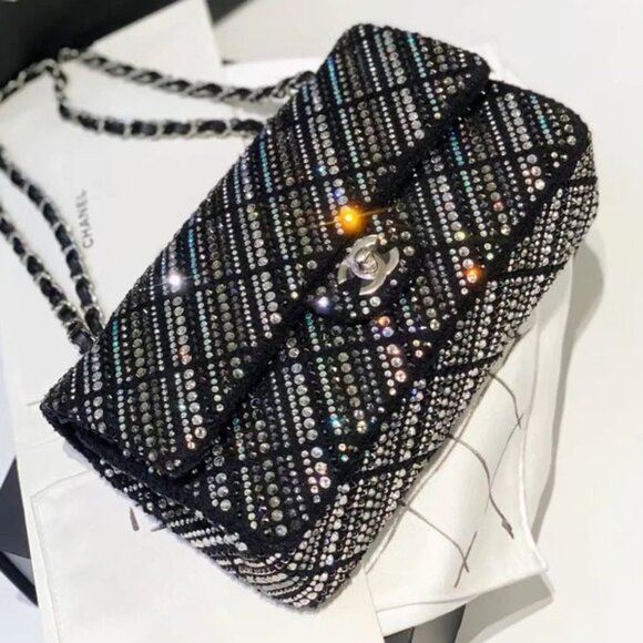 CHANEL Strass Swarovski Crystal Black Tweed Medium Classic Double Flap Bag - Picture 2 of 5